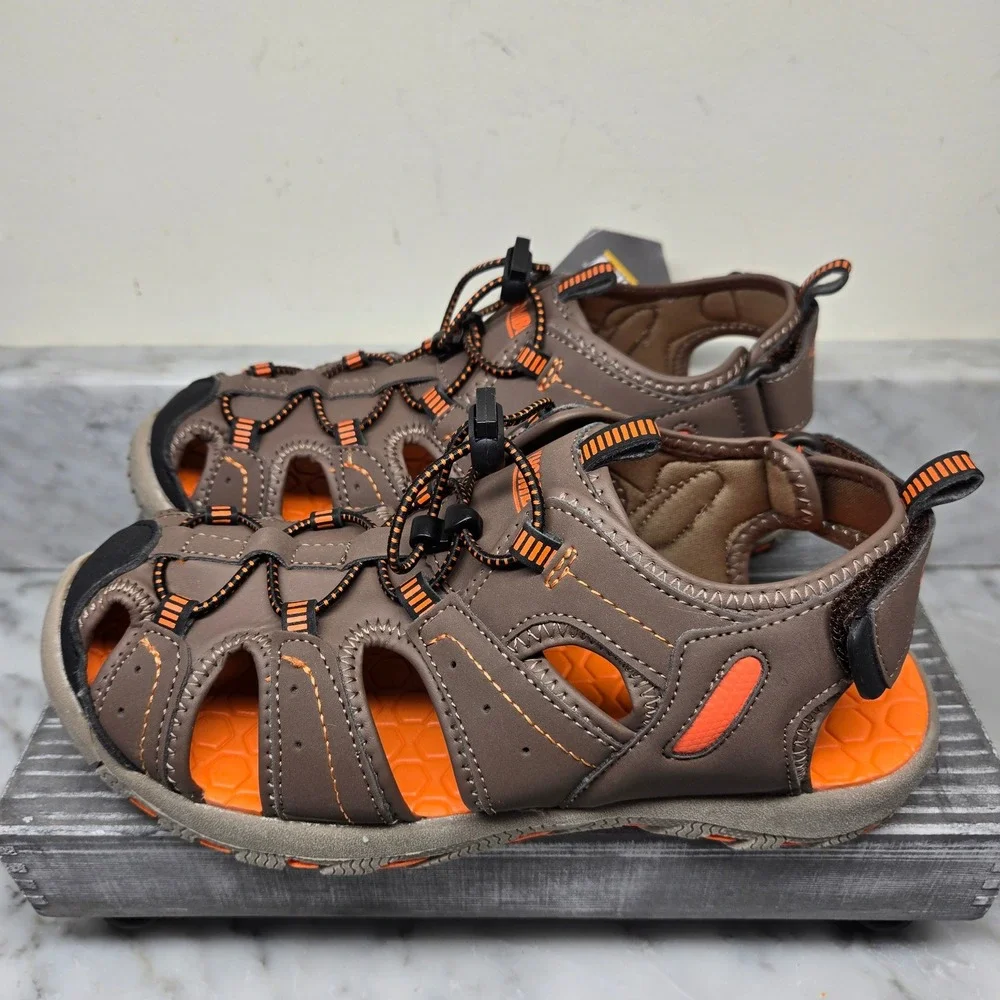 Khombu Kids Brown Orange Closed Toe Hiking Sandals (3) Bungee Lace / Water Shoes